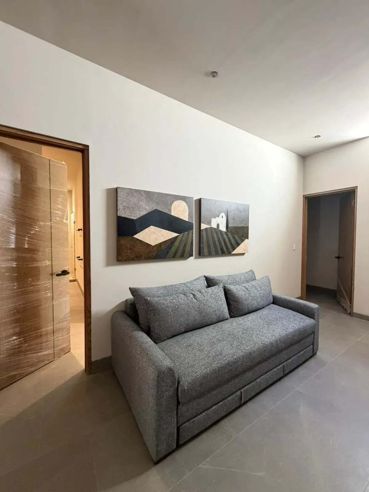 Área de TV del recibidor con sofá cama queen gris y dos cuadros en la pared