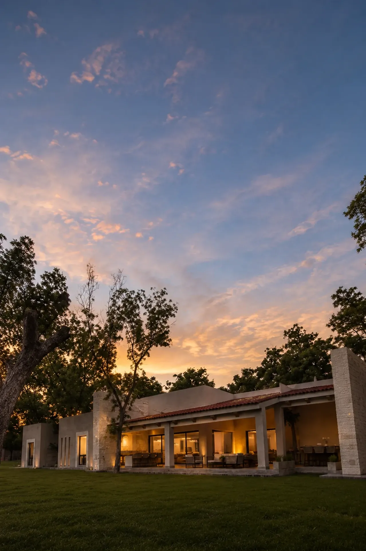 Fachada de Finca Los Nogales al atardecer, con la terraza iluminada entre nogales